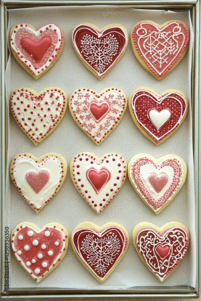 Delightful assorted valentine heart cookies with intricate designs on a baking sheet Delightful assorted valentine heart cookies with intricate designs on a baking sheet