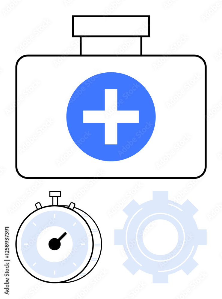 Medical case with cross, stopwatch for time, gear for processes. Ideal for healthcare, time management, emergency services, medical systems, efficiency, optimization abstract line flat metaphor Medical case with cross, stopwatch for time, gear for processes. Ideal for healthcare, time management, emergency services, medical systems, efficiency, optimization abstract line flat metaphor