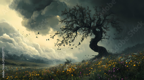 A sentient storm cloud, conflicted by its destructive nature, wept tears of acid rain, nurturing wildflowers with one hand and uprooting ancient trees with the other. Sentient Storms. Illustration