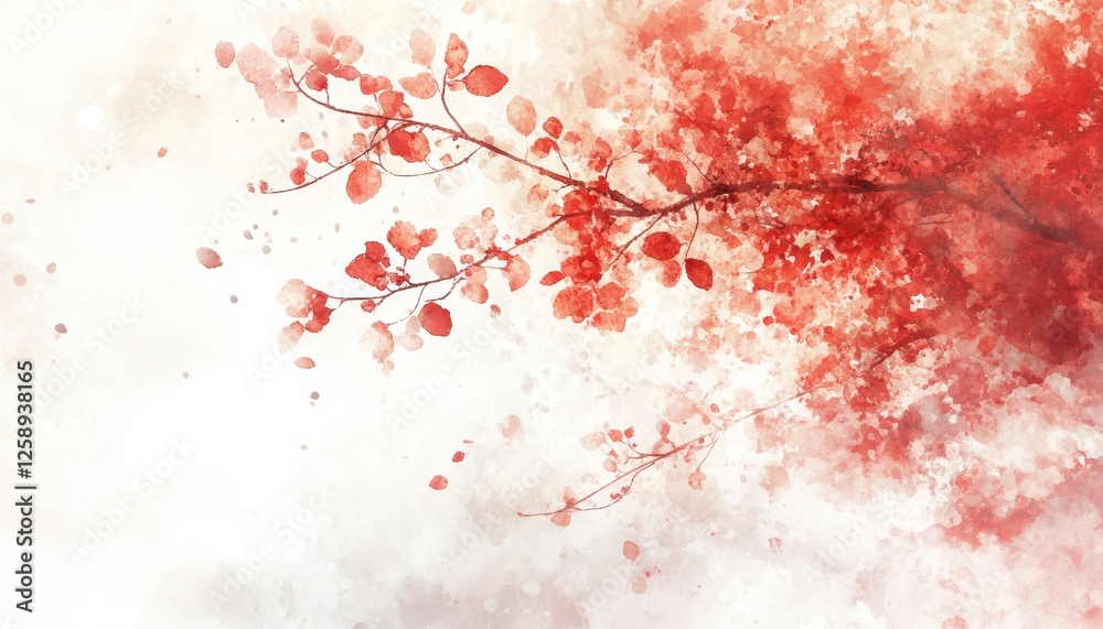 Fototapeta premium Elegant Coral and Pale Grey Watercolor Background, Hand-Drawn Plants, Leaves, and Fine Details