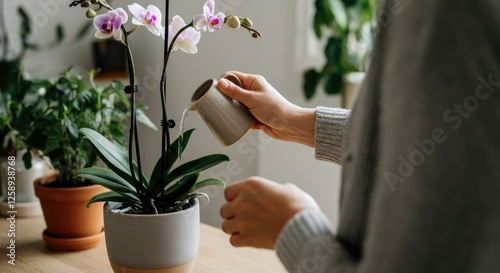 Woman watering orchids at home with small pot