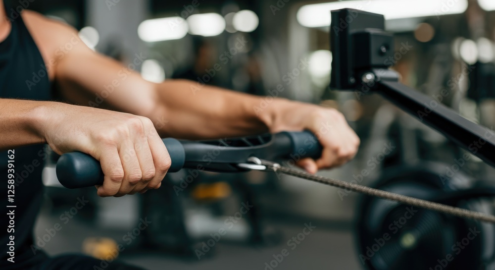 Close-up of hands using rowing machine in gym Close-up of hands using rowing machine in gym