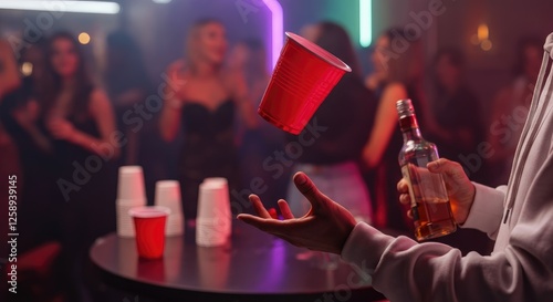 Party scene with people, red solo cups, and bottle of alcohol in hand