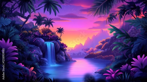 Tropical Paradise Sunset Waterfall Scene