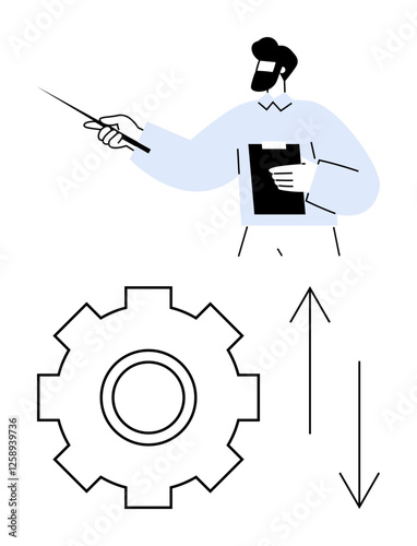 Person pointing with a stick, holding a clipboard near a large gear and arrows. Ideal for leadership, analysis, teamwork, process improvement, project planning, training, abstract line flat metaphor