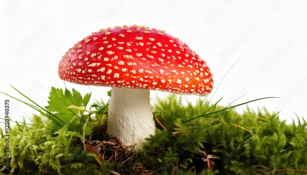 Vibrant red mushroom with white spots grows amid green moss and grass Vibrant red mushroom with white spots grows amid green moss and grass