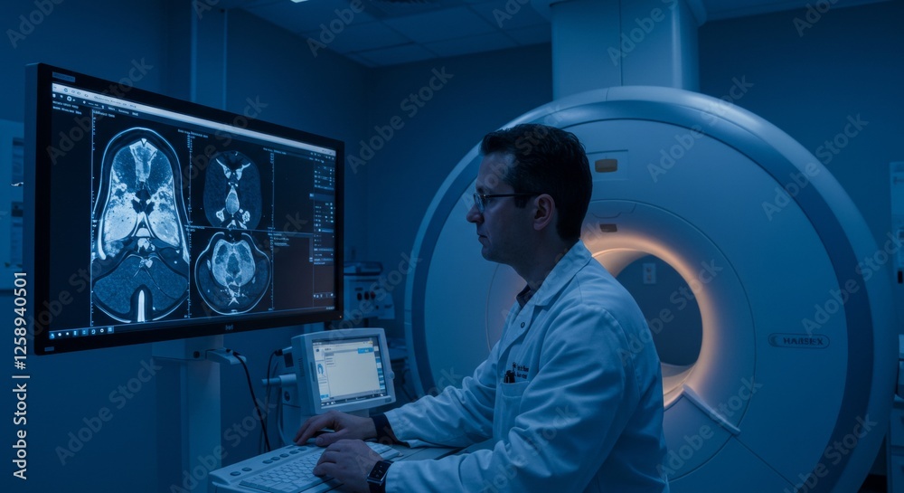 Obraz premium A radiologist studying a patient's MRI scan on a large monitor in a dimly lit radiology room