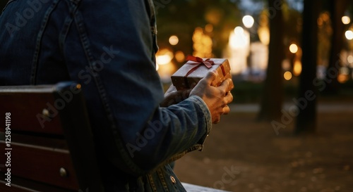 Person holding small gift box wrapped with ribbon, sitting on bench in park at night