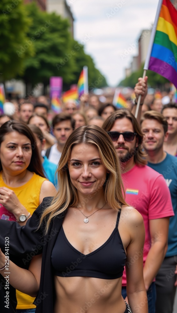 Fototapeta premium LGBT Concept Transgender person highlighted amidst a group at Gay Pride Event Rainbow Flags