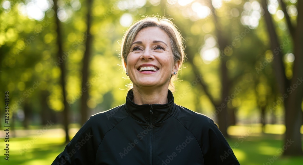 A middle-aged woman in a black athletic jacket smiles joyfully as she stands outdoors in a sunlit park A middle-aged woman in a black athletic jacket smiles joyfully as she stands outdoors in a sunlit park