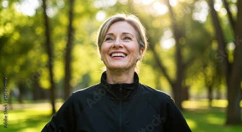 A middle-aged woman in a black athletic jacket smiles joyfully as she stands outdoors in a sunlit park