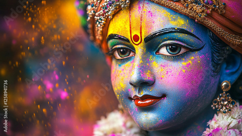 Colorful statue of Lord Krishna with Holi festival powder and vibrant decorations