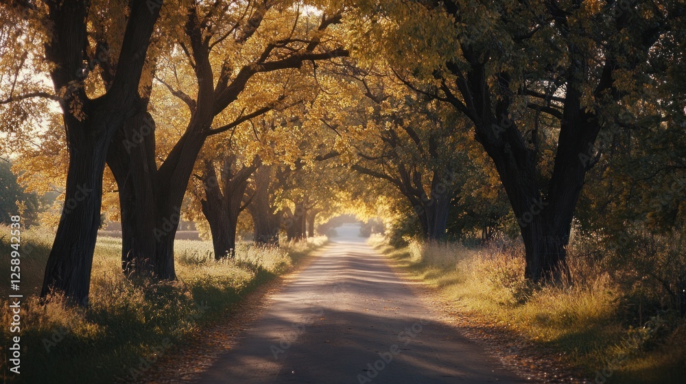 Naklejka premium Sunlit autumn road through golden trees.