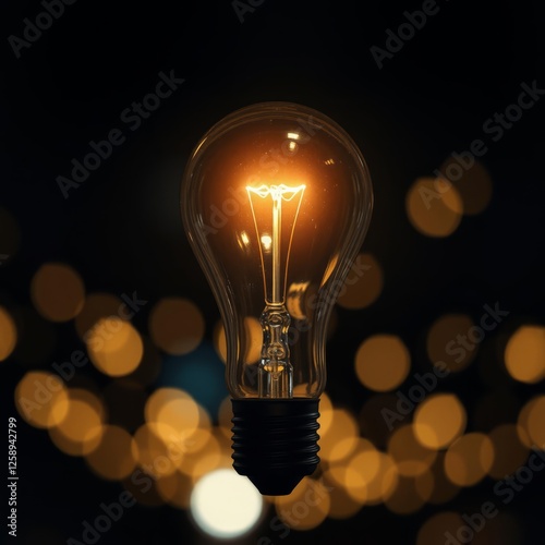 Bright idea: illuminated light bulb against bokeh background - a single light bulb glows brightly illuminating the darkness and symbolizing creativity inspiration knowledge innovation and progres photo