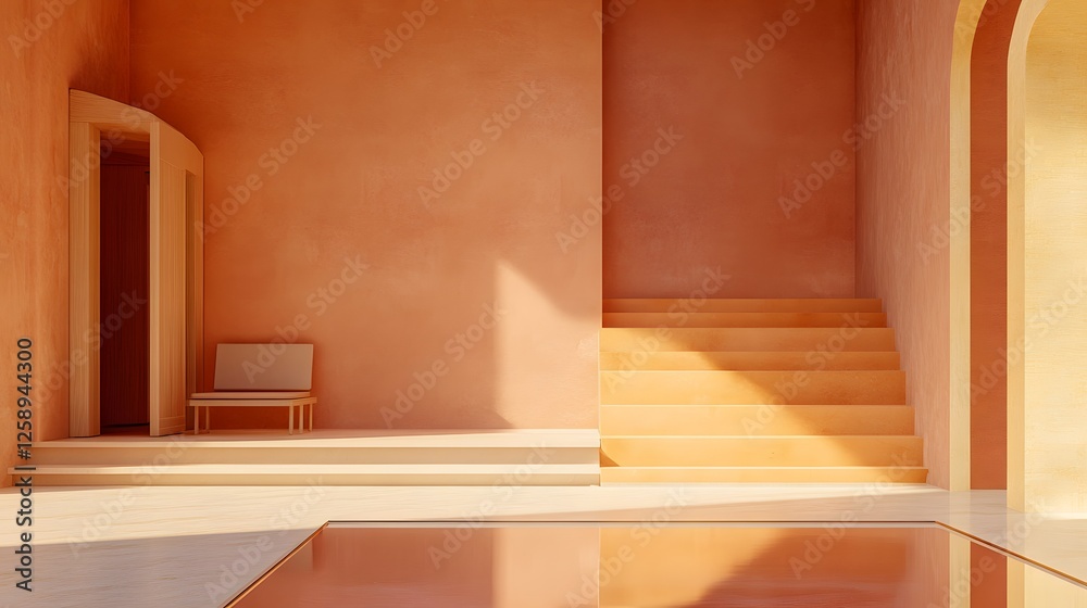 Fototapeta premium Minimalist Orange and Beige Interior Staircase Design