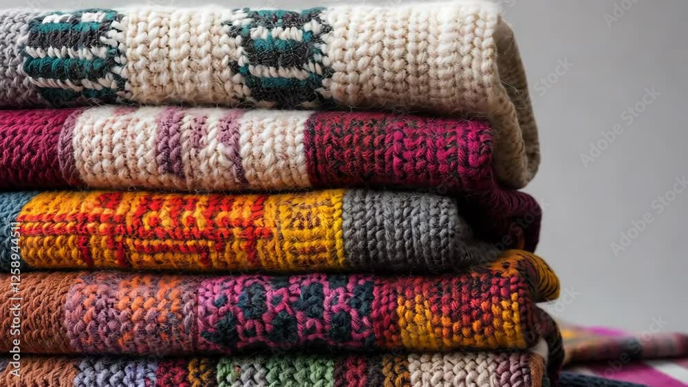 Colorful handmade wool blankets showing texture and pattern in folded stacked composition Colorful handmade wool blankets showing texture and pattern in folded stacked composition