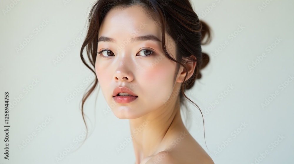 A serene individual with a soft expression against a minimalist backdrop. A serene individual with a soft expression against a minimalist backdrop.