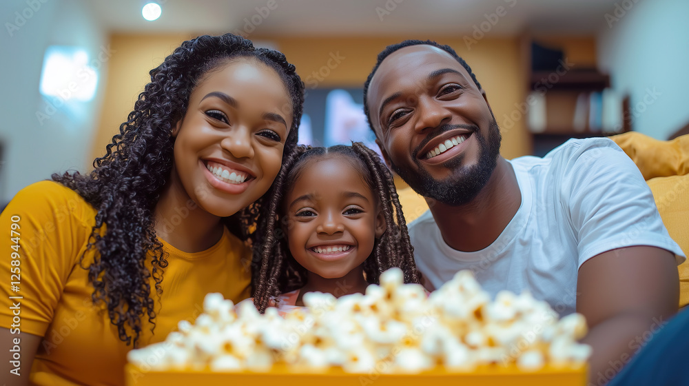 Cheerful family enjoying quality time together while watching a movie with popcorn in a cozy home setting, radiating warmth, love, and togetherness.