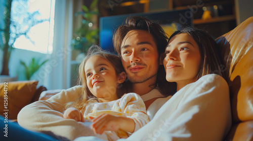 Obraz na płótnie A joyful family of three resting on a comfortable couch under bright sunlight, enjoying precious moments together. w salonie
