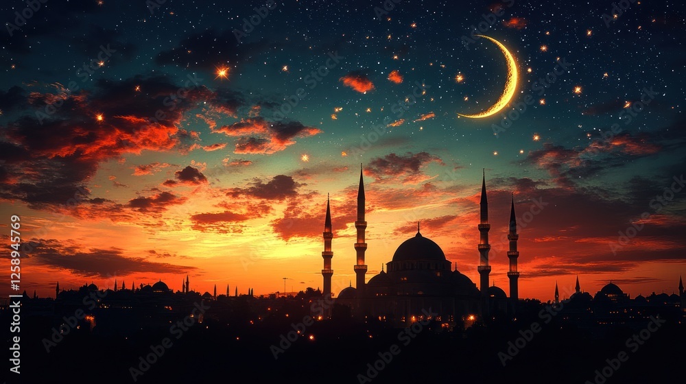 Obraz premium Majestic Mosque Silhouette Under Starlit Crescent Moon