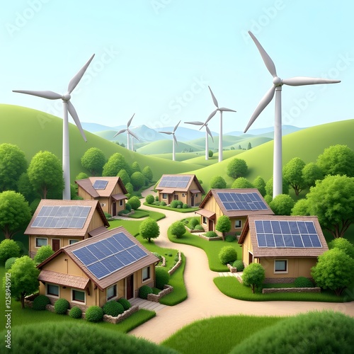 Sustainable eco-village with solar-powered homes and wind turbines in lush green landscape photo