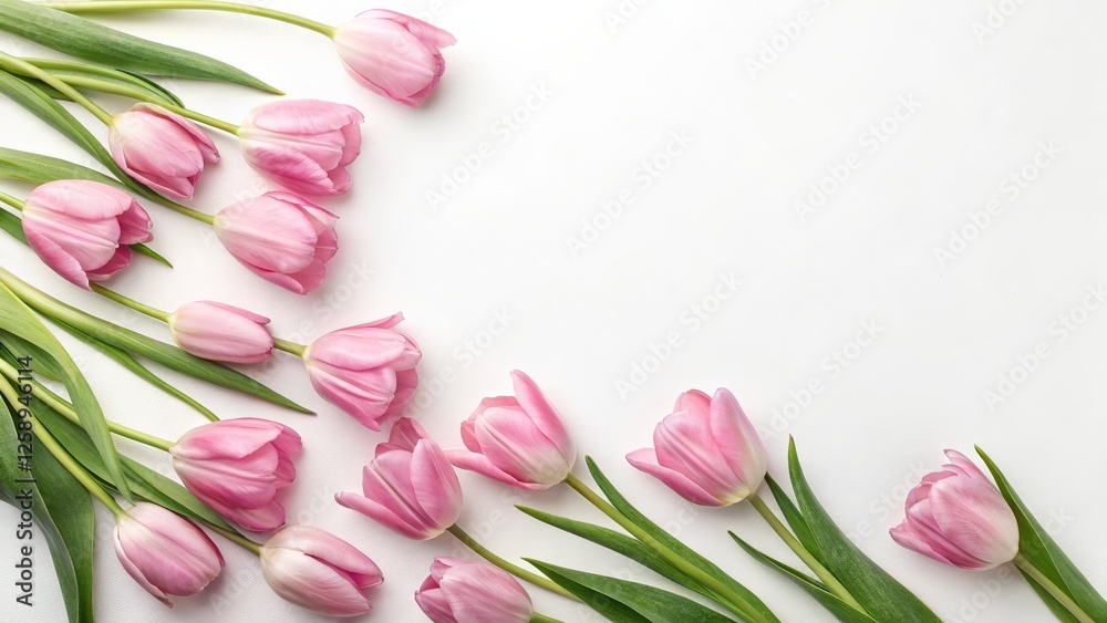 Obraz premium Pink tulips arrangement on white background with green leaves