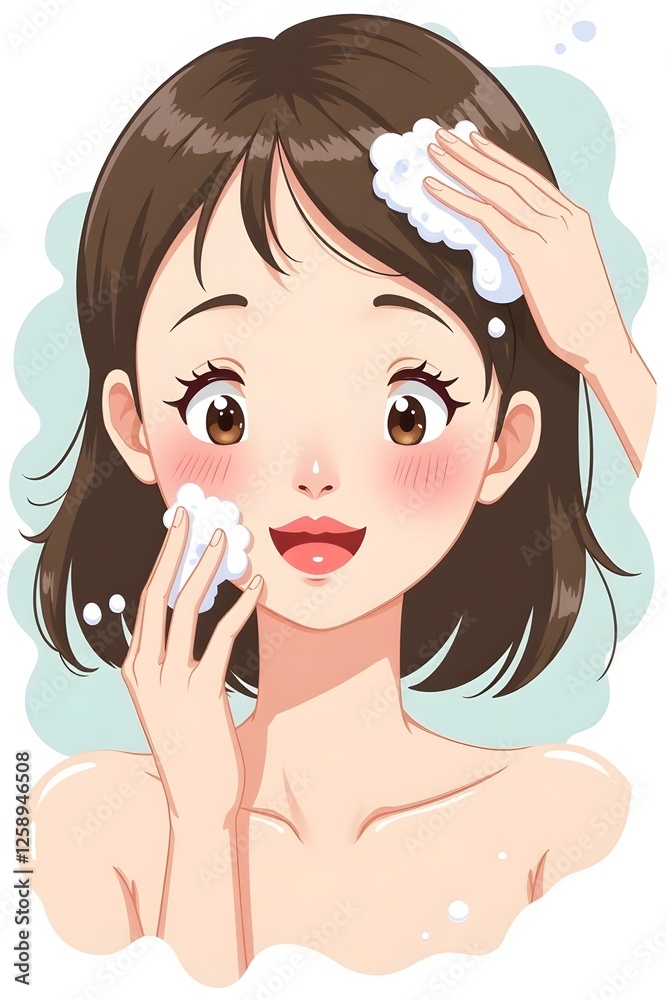 Animated asian female using facial foam for skincare routine with happy expression Animated asian female using facial foam for skincare routine with happy expression