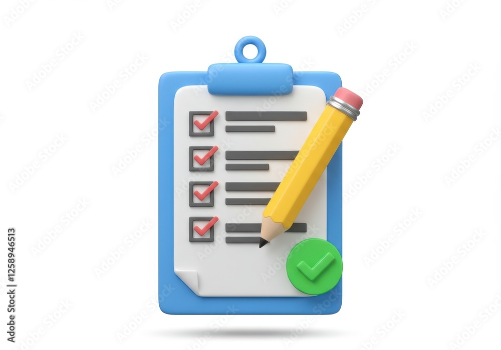 A 3D rendered blue clipboard with a white checklist and black bullet points A 3D rendered blue clipboard with a white checklist and black bullet points