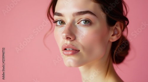 A woman with fair skin and dimpled cheeks poses against a soft pink background.
