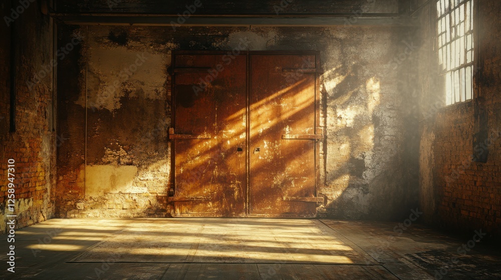 Old Rusty Doors Warehouse with Sunlight Interior, Aged Walls, Vintage Door, Industrial Backdrop Old Rusty Doors Warehouse with Sunlight Interior, Aged Walls, Vintage Door, Industrial Backdrop