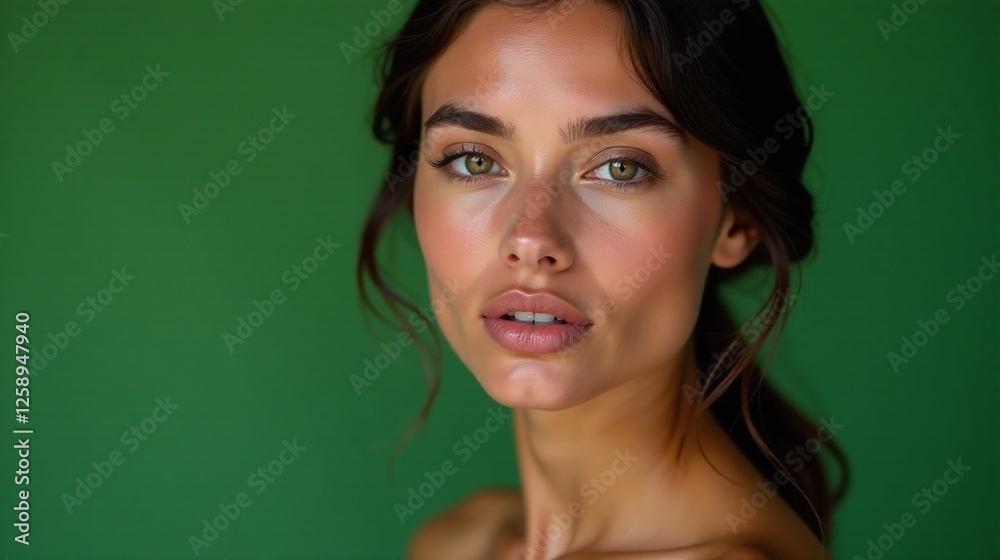A woman with radiating beauty graces the frame, her expression tender and alluring against a vibrant green backdrop.