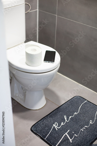Restroom Interior with Toilet Paper and Phone on Toilet Seat