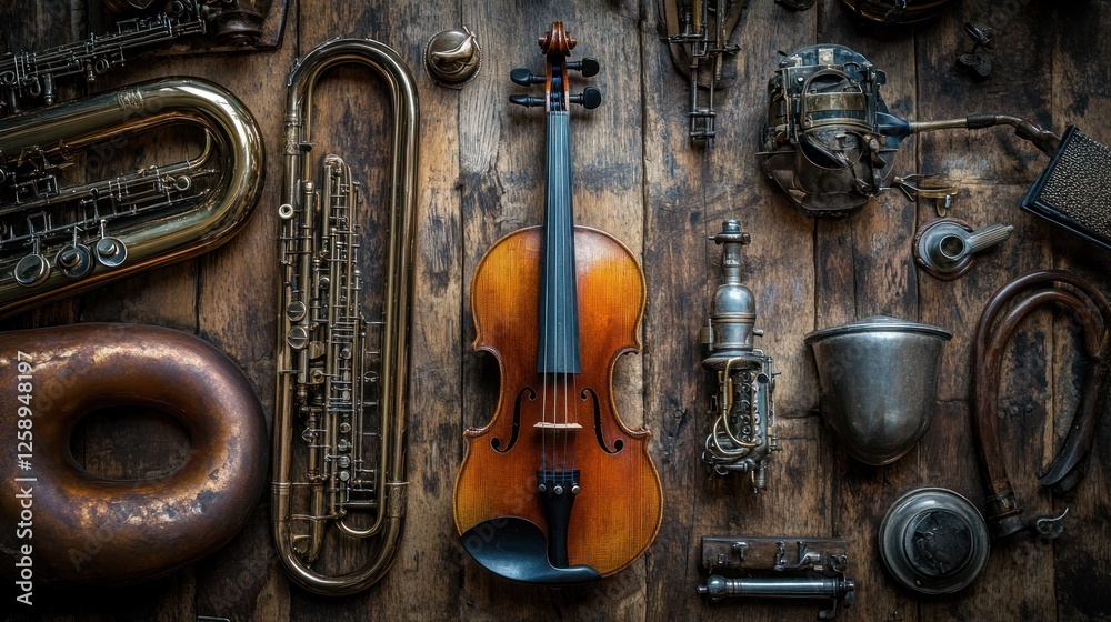 Naklejka premium Vintage Violin Antique Instruments Dark Wooden Background Rustic Still Life