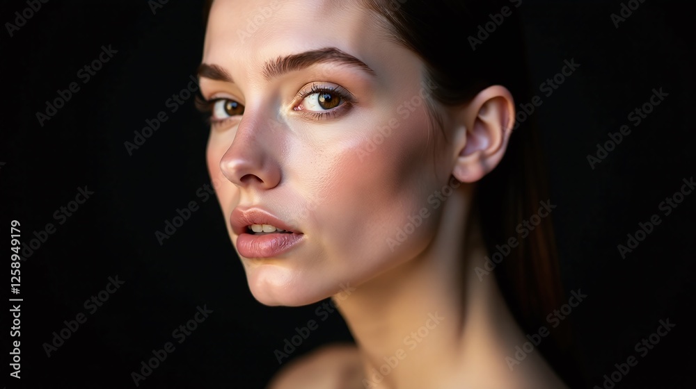 Fototapeta premium Radiant, glowing face against a stark, black background.