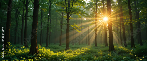 Wide panoramic background image, natural scenery photo of sunrise beams coming through inside a rain forest trees shade in a sunny day morning