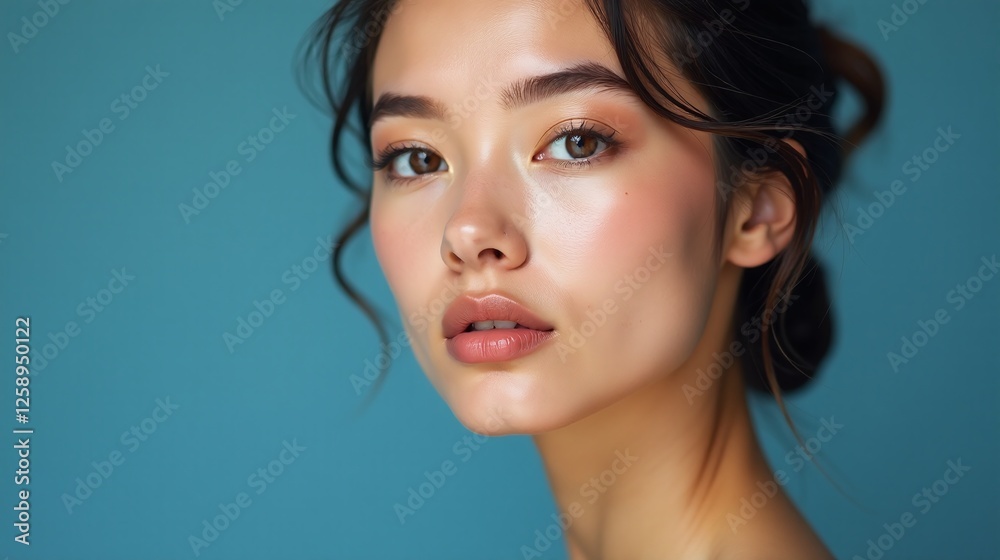 A serene portrait of a woman with a graceful hairstyle against a calm blue backdrop. A serene portrait of a woman with a graceful hairstyle against a calm blue backdrop.
