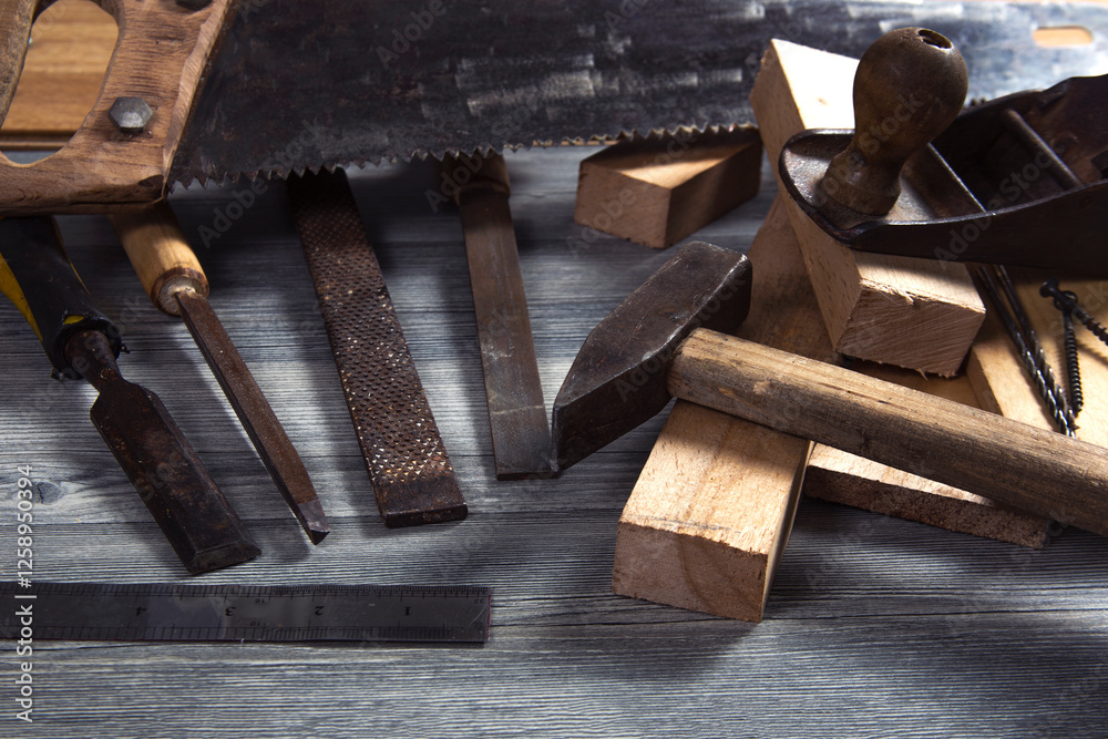 Old carpentry work tools on a wooden table background. Old carpentry work tools on a wooden table background.