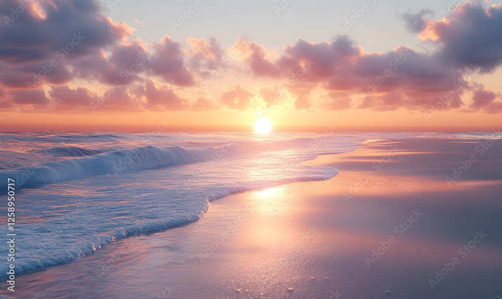 Soft pink sunset reflecting on ocean water and beach, waves gently rolling in Soft pink sunset reflecting on ocean water and beach, waves gently rolling in