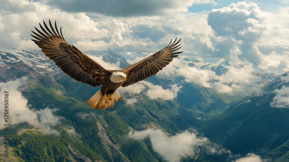 An eagle soaring high in the sky, with clouds and a mountain range in the background, symbolizing freedom An eagle soaring high in the sky, with clouds and a mountain range in the background, symbolizing freedom