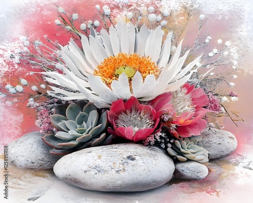 Stunning Protea and Succulent Flower Arrangement on Stones photo