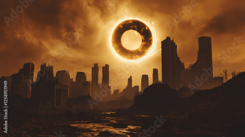 Ruins of alien city on faraway planet. Solar Eclipse Temples. Illustration photo