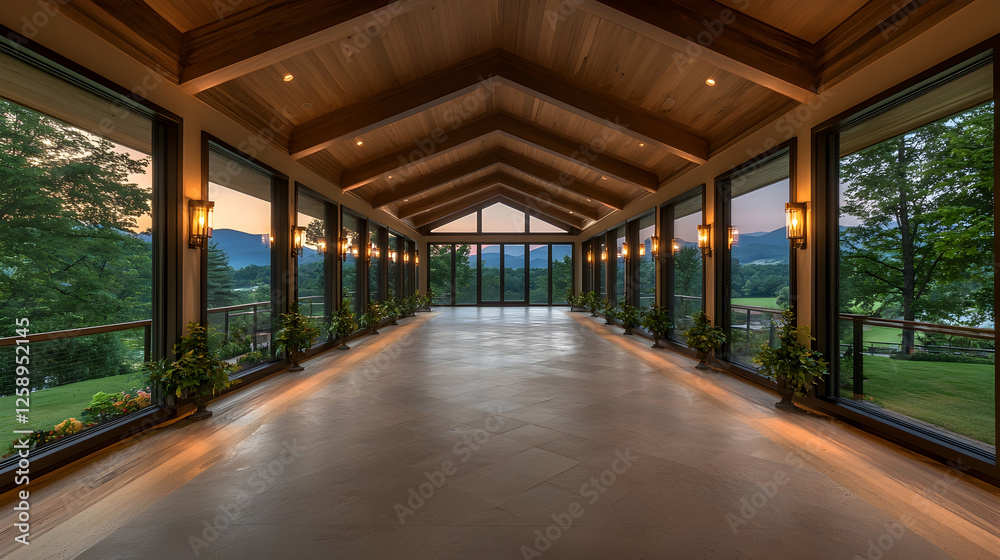 Obraz premium Mountain view sunroom, luxury home interior, evening light