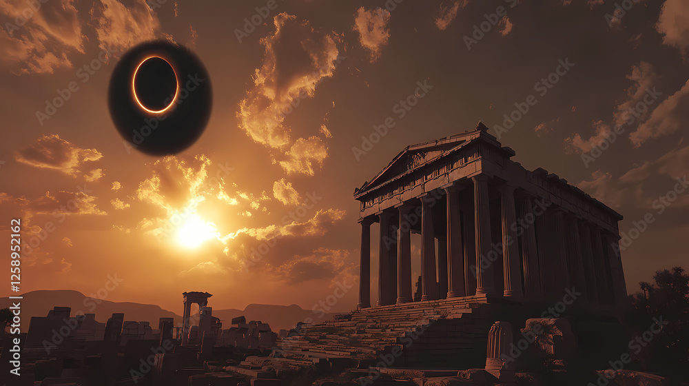 Fototapeta premium Solar eclipse casts eerie light on greek temple moon obscures sun. Solar Eclipse Temples. Illustration
