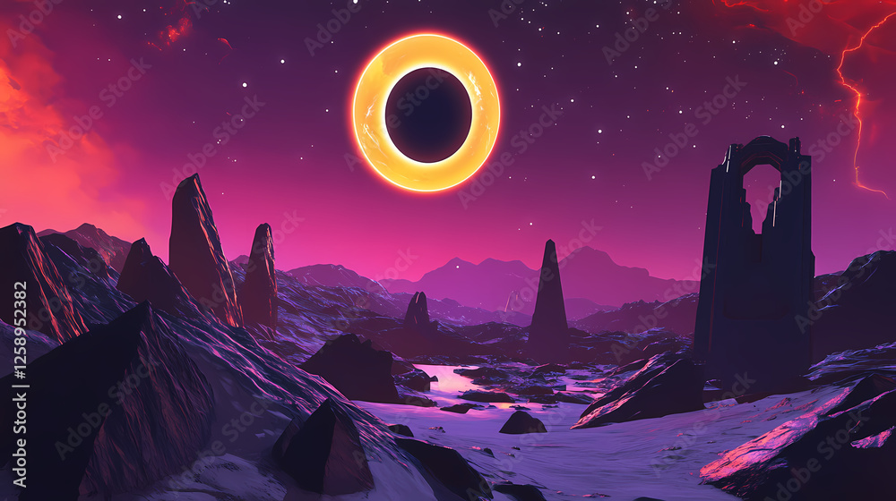Fototapeta premium Solar eclipse over an alien landscape. Solar Eclipse Temples. Illustration