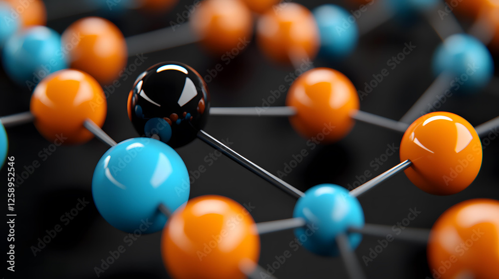 Obraz premium Abstract 3D Rendering of a Molecular Structure with Orange Blue and Black Spheres Connected by Gray Rods
