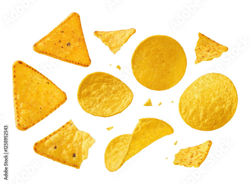 Variety of crispy, golden tortilla chips and potato against transparent background