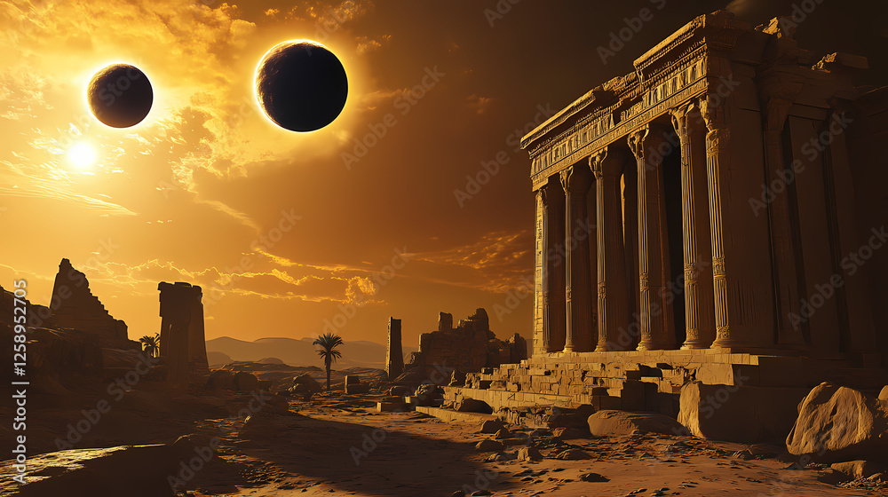Fototapeta premium Solar eclipses activating ancient terraforming devices, discovered through archaeology. Solar Eclipse Temples. Illustration