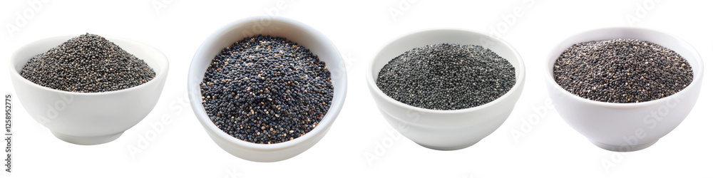 Poppy seeds in a white bowl isolated on transparent background ,PNG, set of Poppy seeds in a white bowl isolated on transparent background ,PNG, set of
