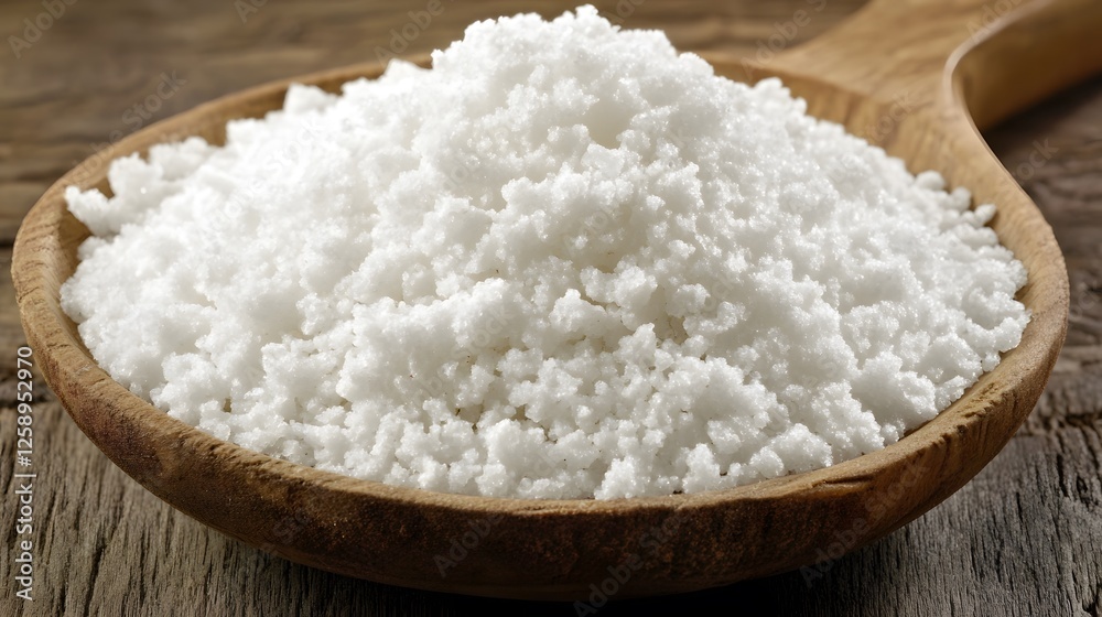 Closeup of White Granular Salt in Wooden Bowl Closeup of White Granular Salt in Wooden Bowl