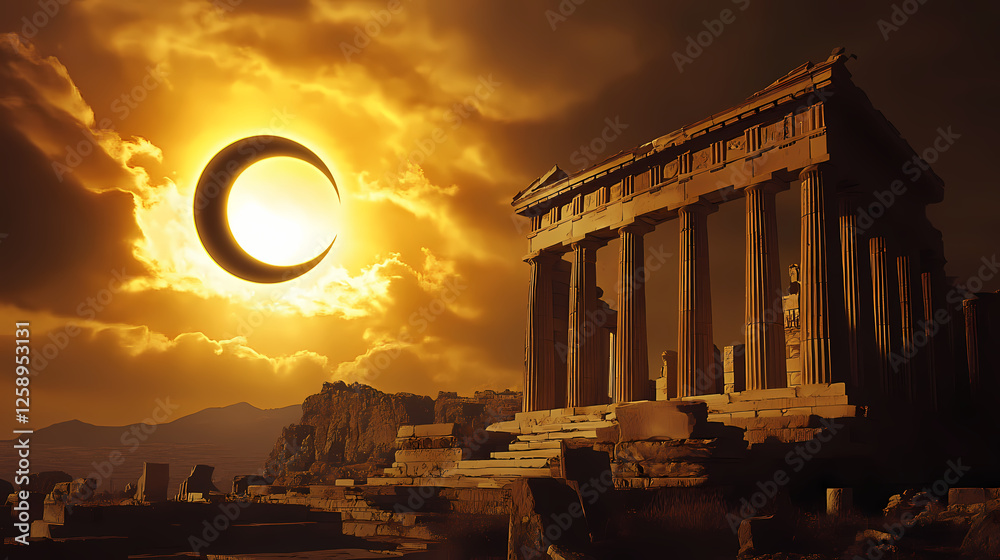 Fototapeta premium Unique light of solar eclipse illuminates greek temple moon-sun dance. Solar Eclipse Temples. Illustration
